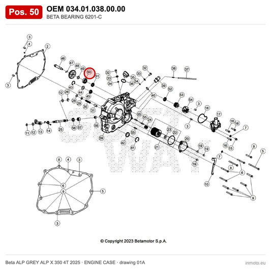 BETA BEARING 6201-C – OEM 034.01.038.00.00, position 50 on the Beta ALP GREY ALP X 350 4T 2025 engine case drawing