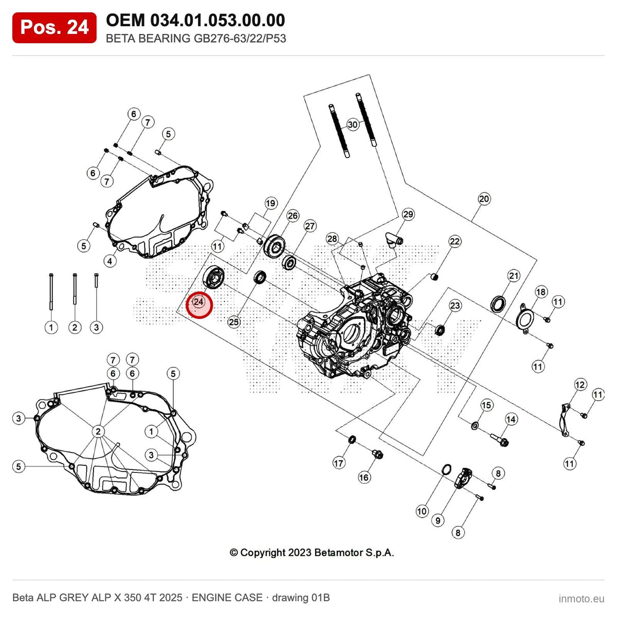 BETA BEARING GB276-63/22/P53 – OEM 034.01.053.00.00, position 24 on the Beta ALP GREY ALP X 350 4T 2025 engine case drawing