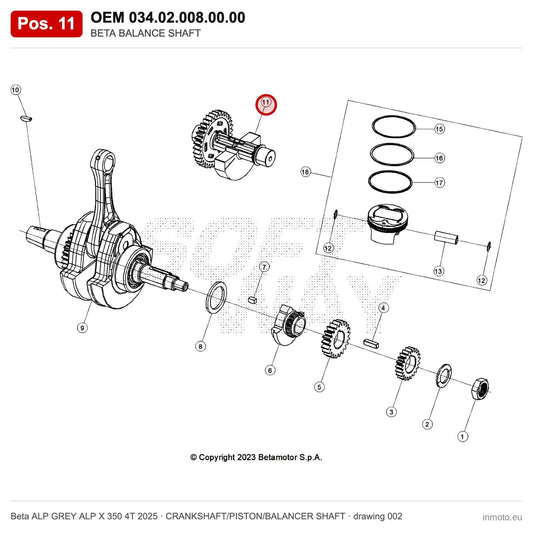 BETA BALANCE SHAFT – OEM 034.02.008.00.00, position 11 on the Beta ALP GREY ALP X 350 4T 2025 crankshaft/piston/balancer shaft drawing