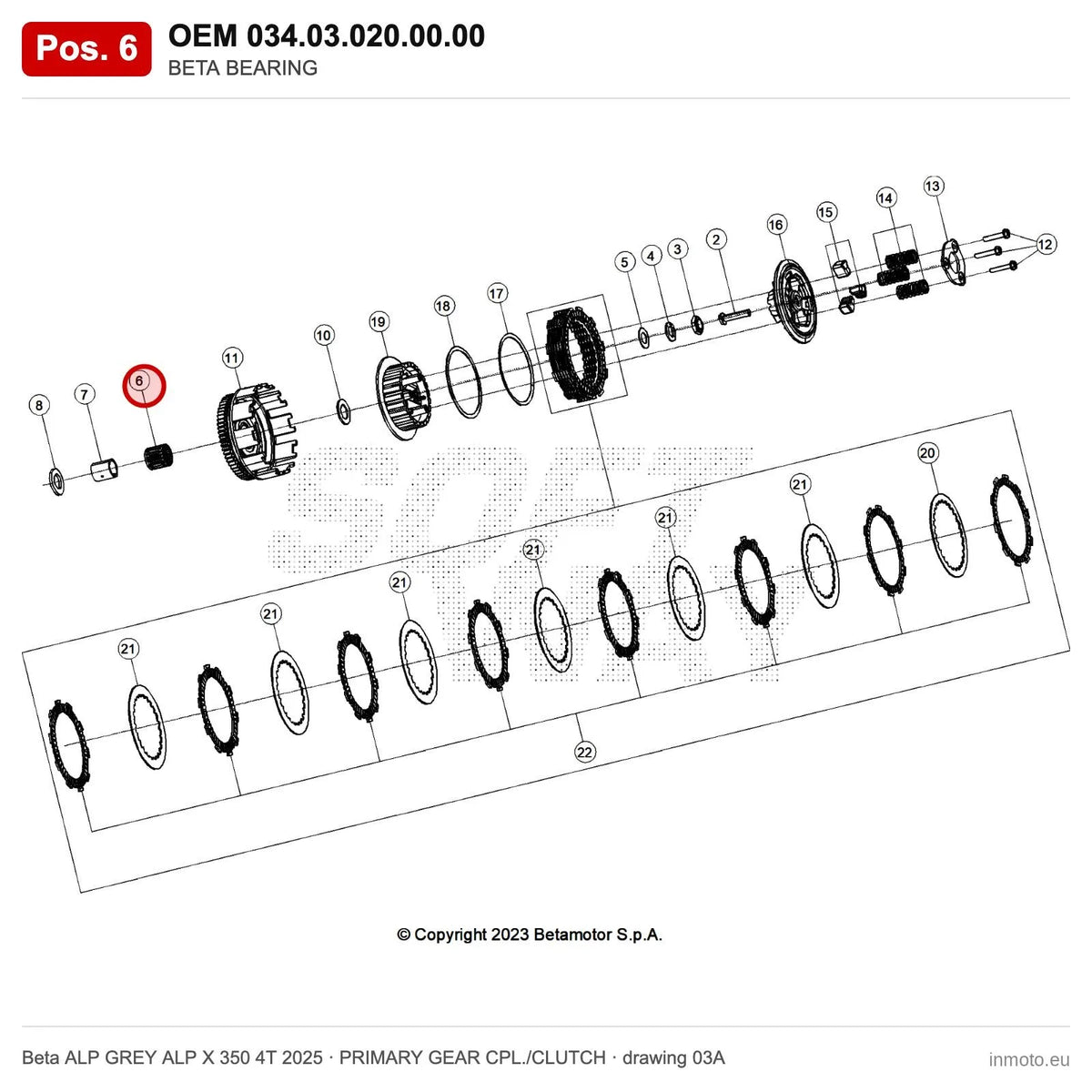 BETA BEARING – OEM 034.03.020.00.00, position 6 on the Beta ALP GREY ALP X 350 4T 2025 primary gear cpl./clutch drawing