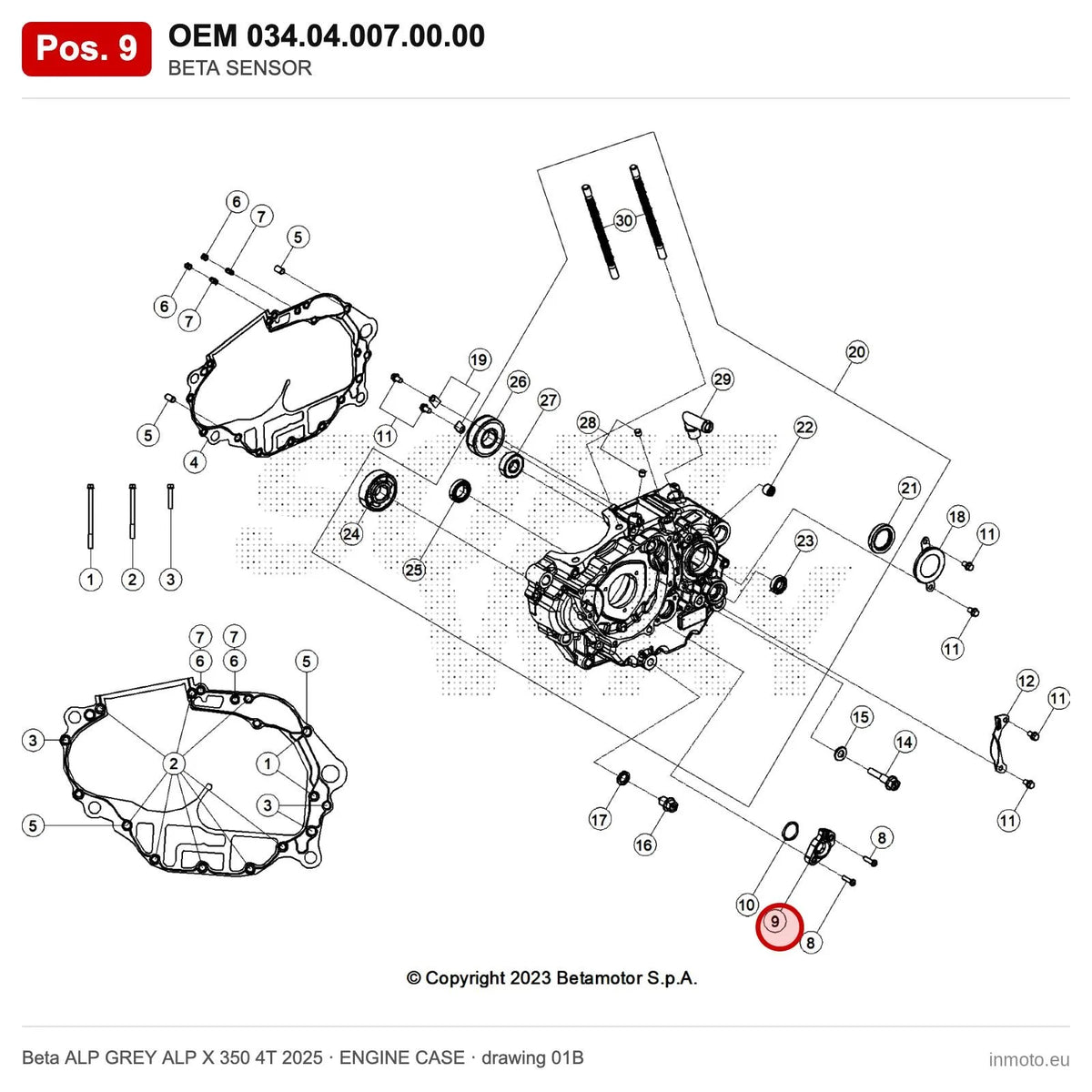 BETA SENSOR – OEM 034.04.007.00.00, position 9 on the Beta ALP GREY ALP X 350 4T 2025 engine case drawing