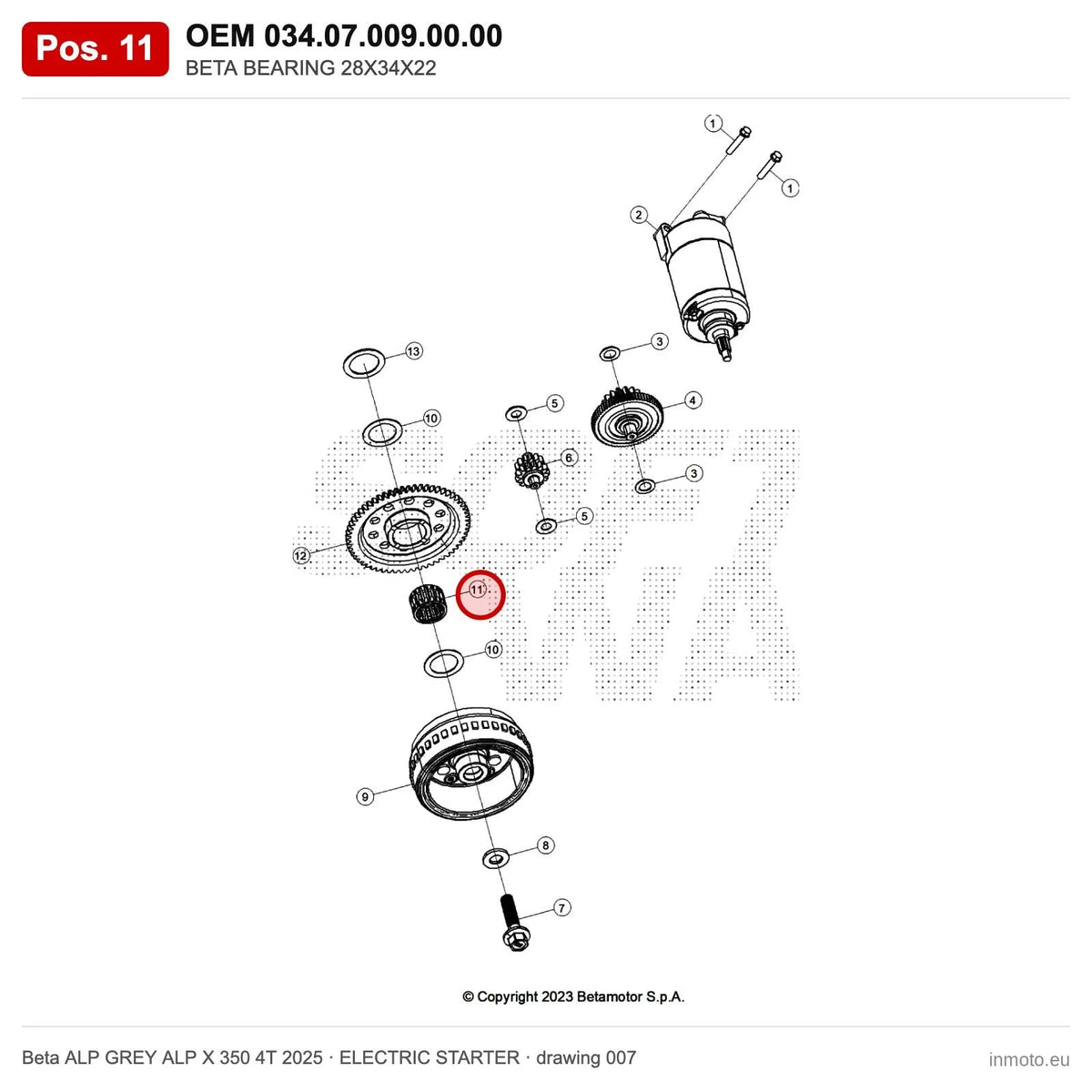 BETA BEARING 28X34X22 – OEM 034.07.009.00.00, position 11 on the Beta ALP GREY ALP X 350 4T 2025 elettricstarter drawing