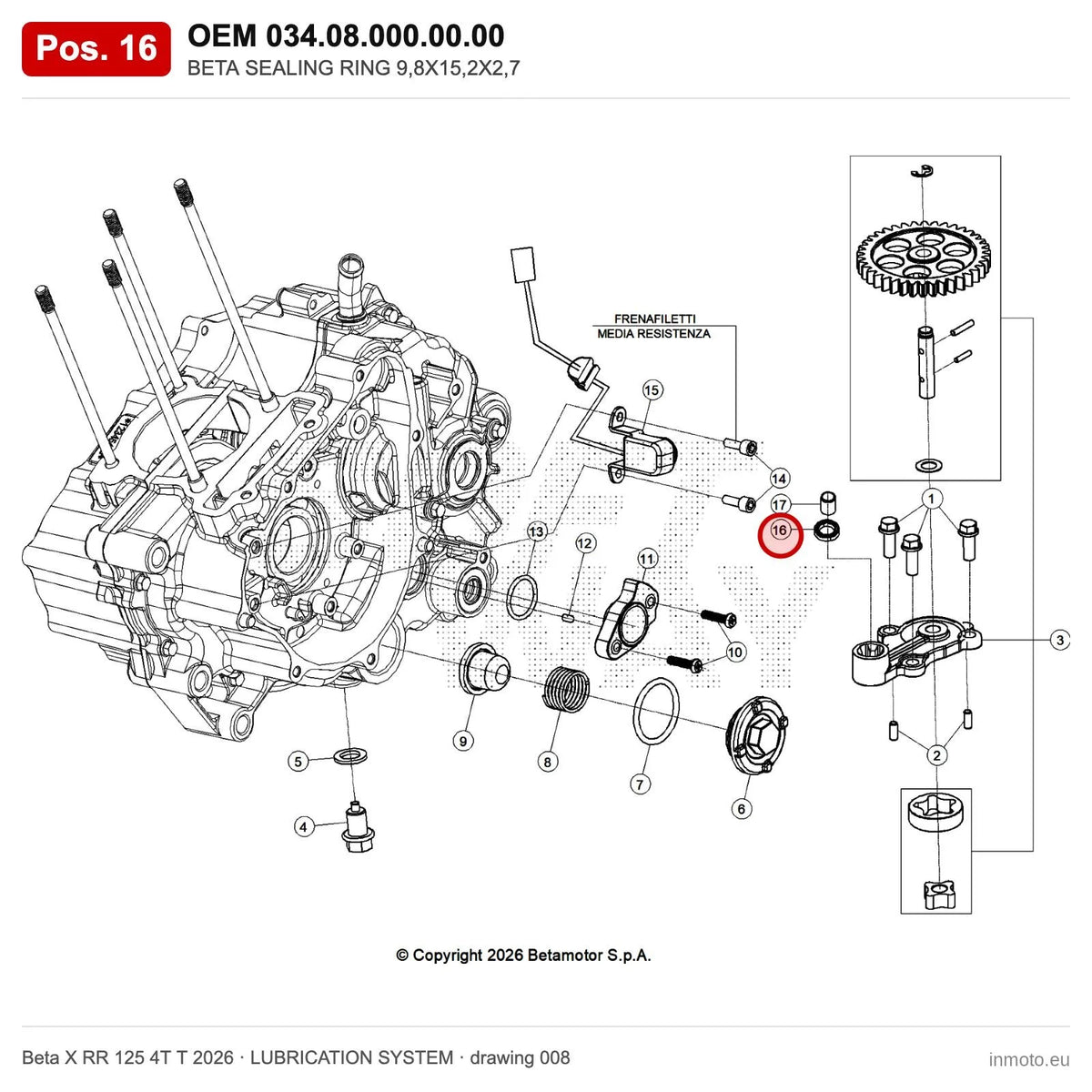 BETA SEALING RING 9,8X15,2X2,7 – OEM 034.08.000.00.00, position 16 on the Beta X RR 125 4T T 2026 lubrication system drawing