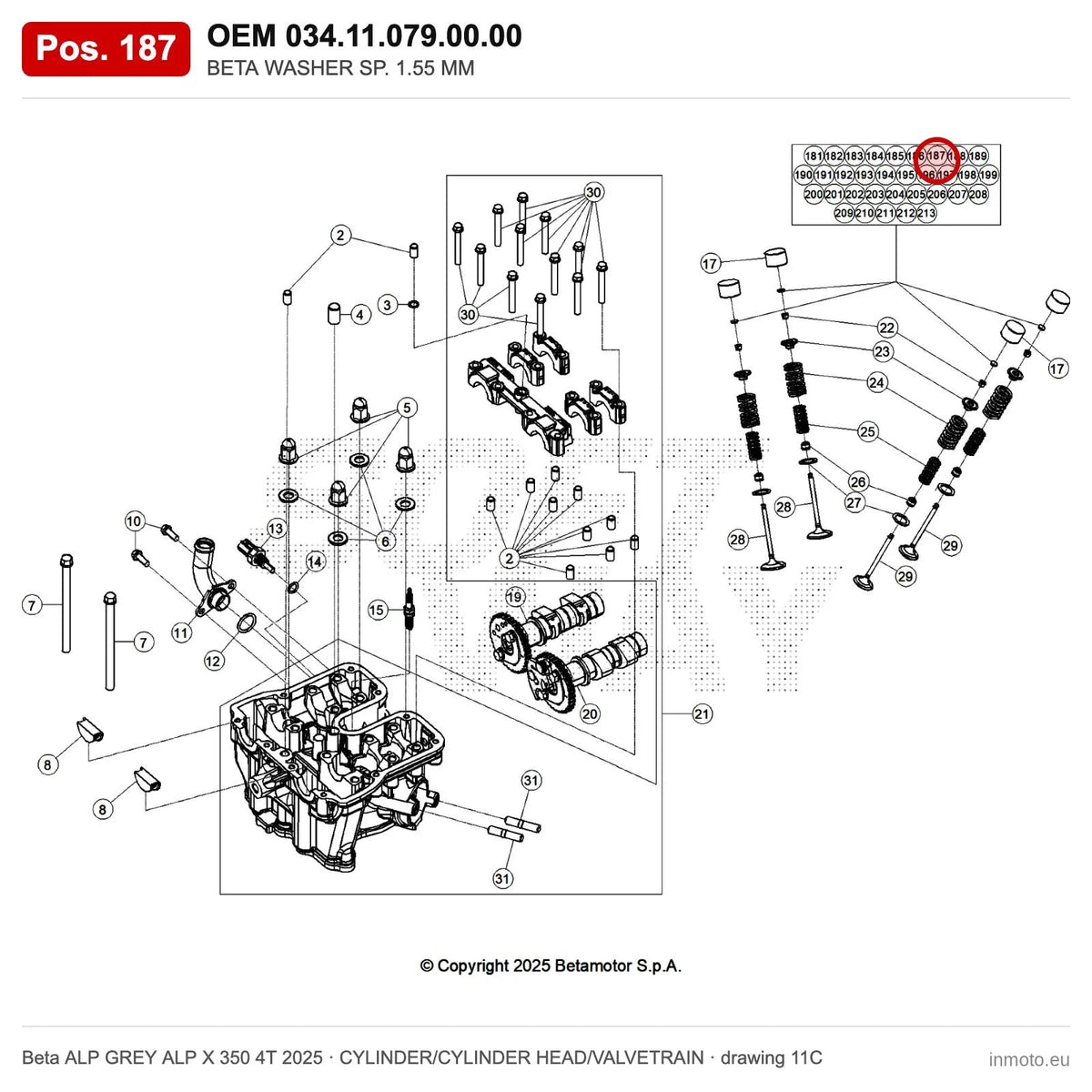 BETA WASHER SP. 1.55 MM – OEM 034.11.079.00.00, position 187 on the Beta ALP GREY ALP X 350 4T 2025 cylinder/cylinder head/valvetrain drawing