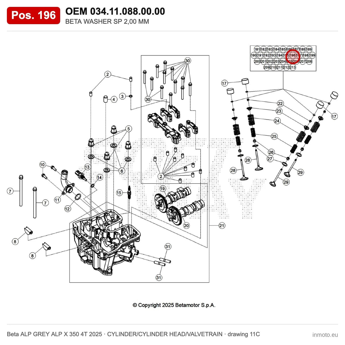 BETA WASHER SP 2,00 MM – OEM 034.11.088.00.00, position 196 on the Beta ALP GREY ALP X 350 4T 2025 cylinder/cylinder head/valvetrain drawing