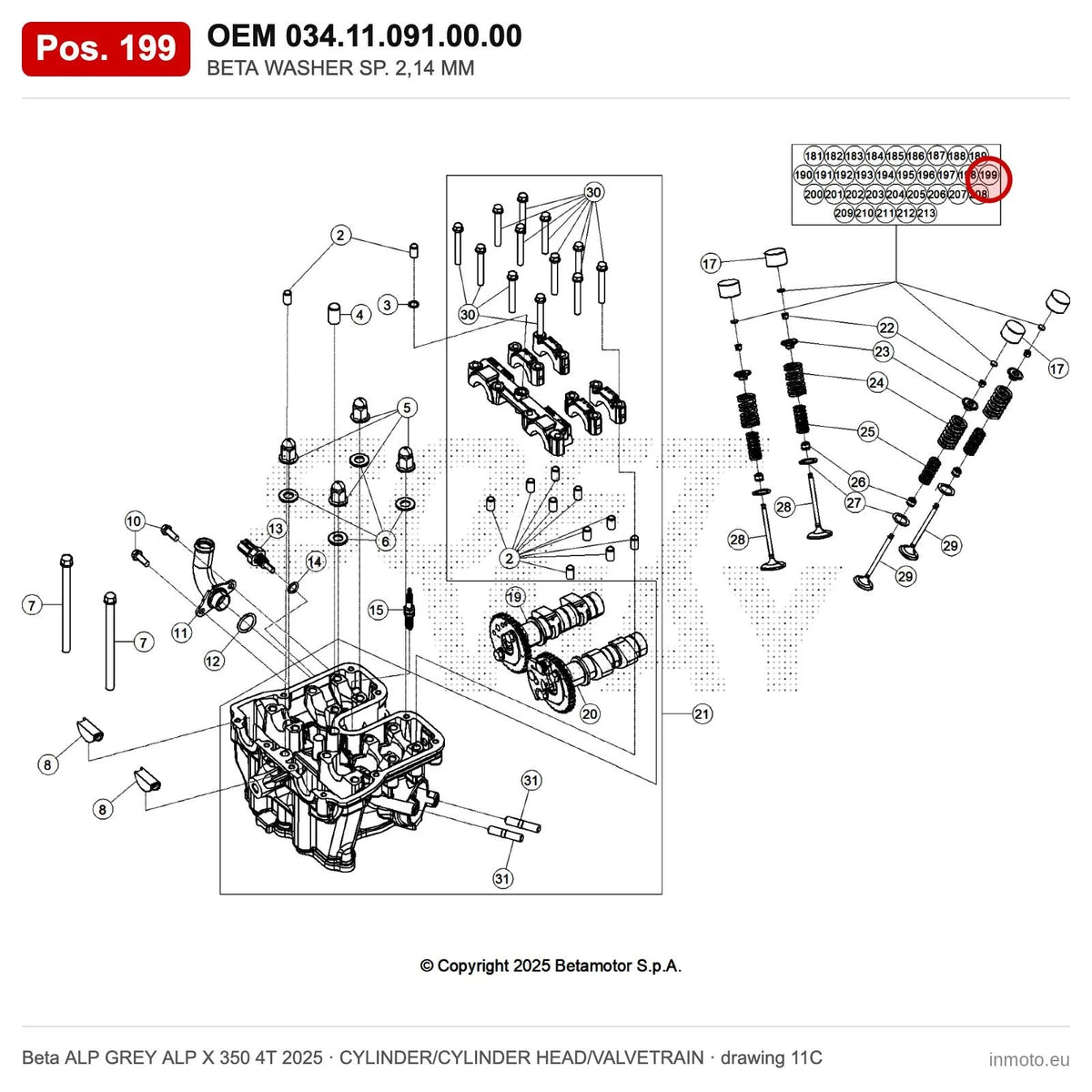 BETA WASHER SP. 2,14 MM – OEM 034.11.091.00.00, position 199 on the Beta ALP GREY ALP X 350 4T 2025 cylinder/cylinder head/valvetrain drawing