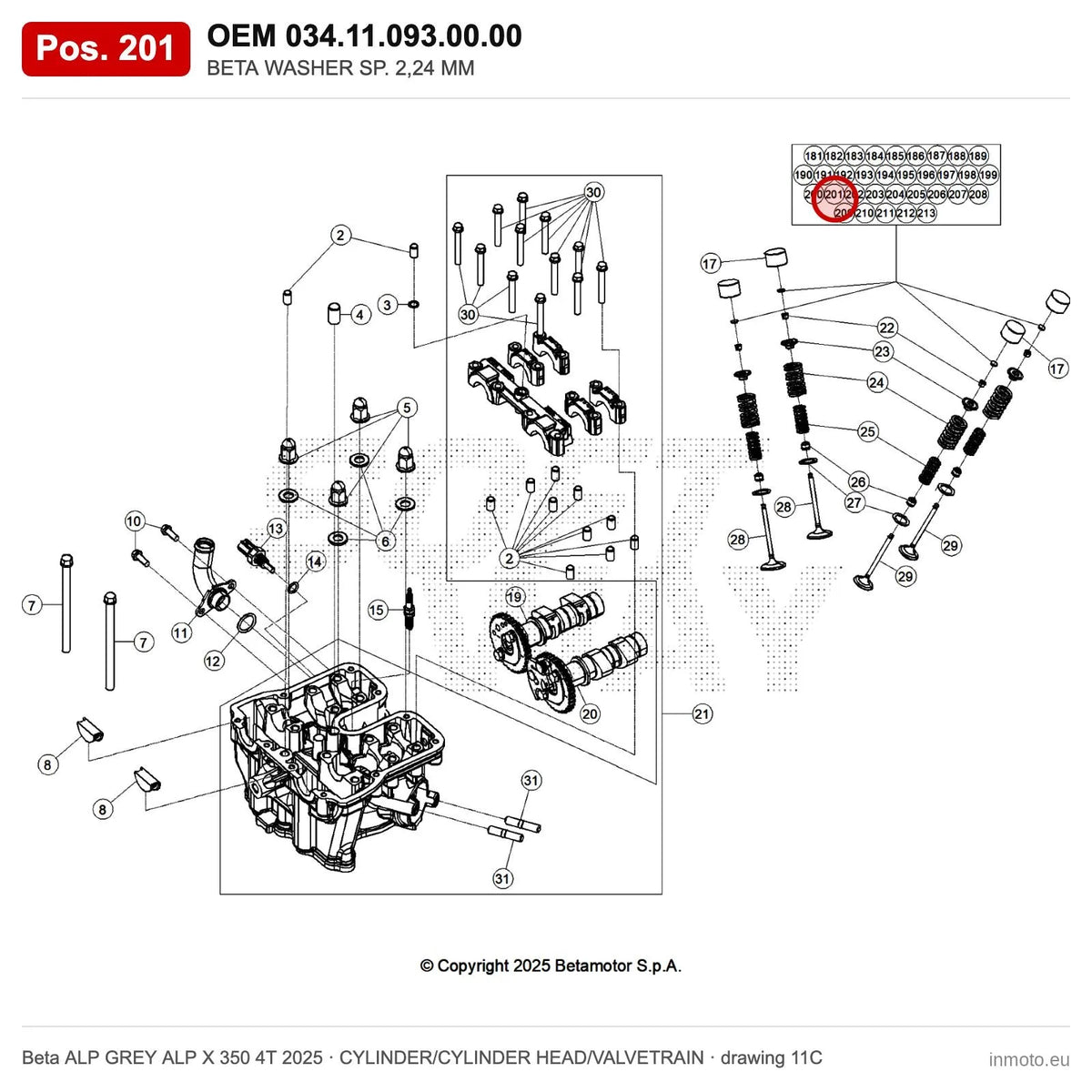 BETA WASHER SP. 2,24 MM – OEM 034.11.093.00.00, position 201 on the Beta ALP GREY ALP X 350 4T 2025 cylinder/cylinder head/valvetrain drawing