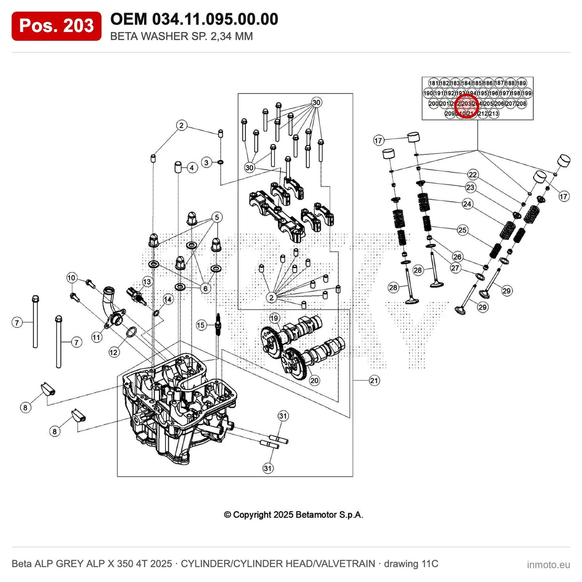 BETA WASHER SP. 2,34 MM – OEM 034.11.095.00.00, position 203 on the Beta ALP GREY ALP X 350 4T 2025 cylinder/cylinder head/valvetrain drawing