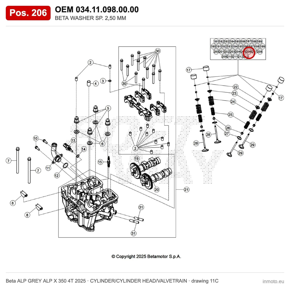 BETA WASHER SP. 2,50 MM – OEM 034.11.098.00.00, position 206 on the Beta ALP GREY ALP X 350 4T 2025 cylinder/cylinder head/valvetrain drawing