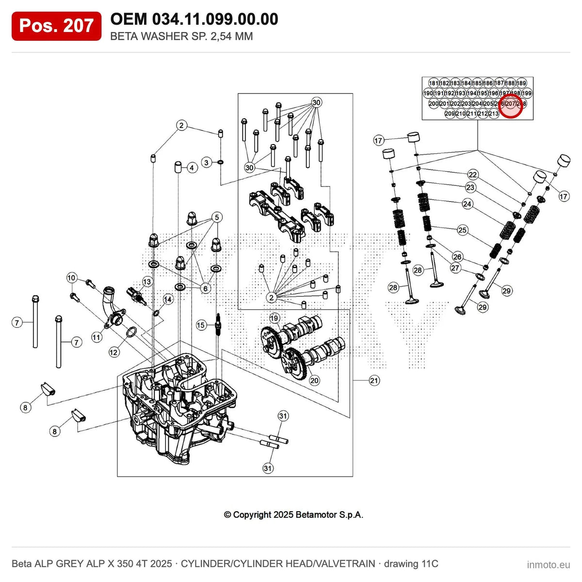 BETA WASHER SP. 2,54 MM – OEM 034.11.099.00.00, position 207 on the Beta ALP GREY ALP X 350 4T 2025 cylinder/cylinder head/valvetrain drawing