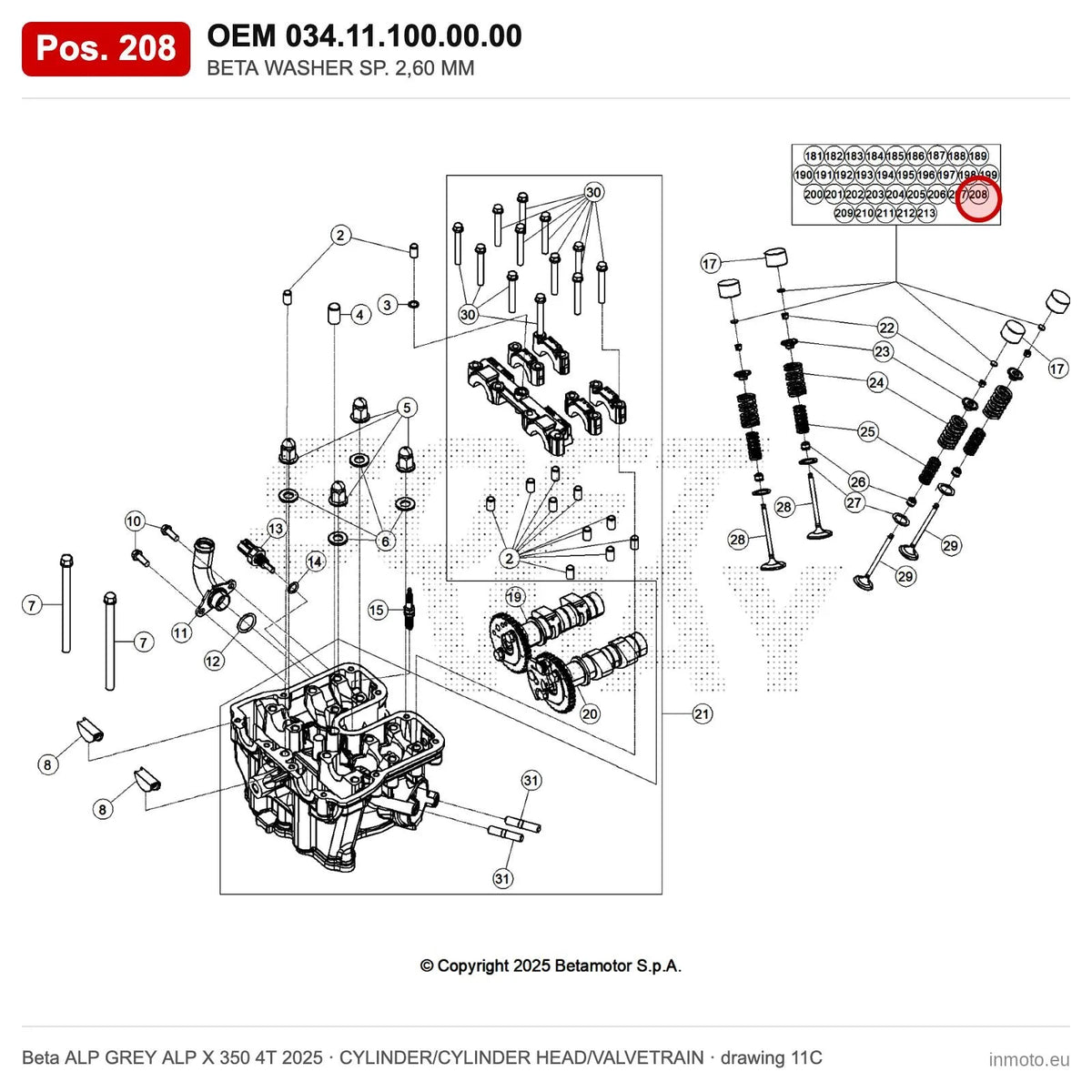 BETA WASHER SP. 2,60 MM – OEM 034.11.100.00.00, position 208 on the Beta ALP GREY ALP X 350 4T 2025 cylinder/cylinder head/valvetrain drawing