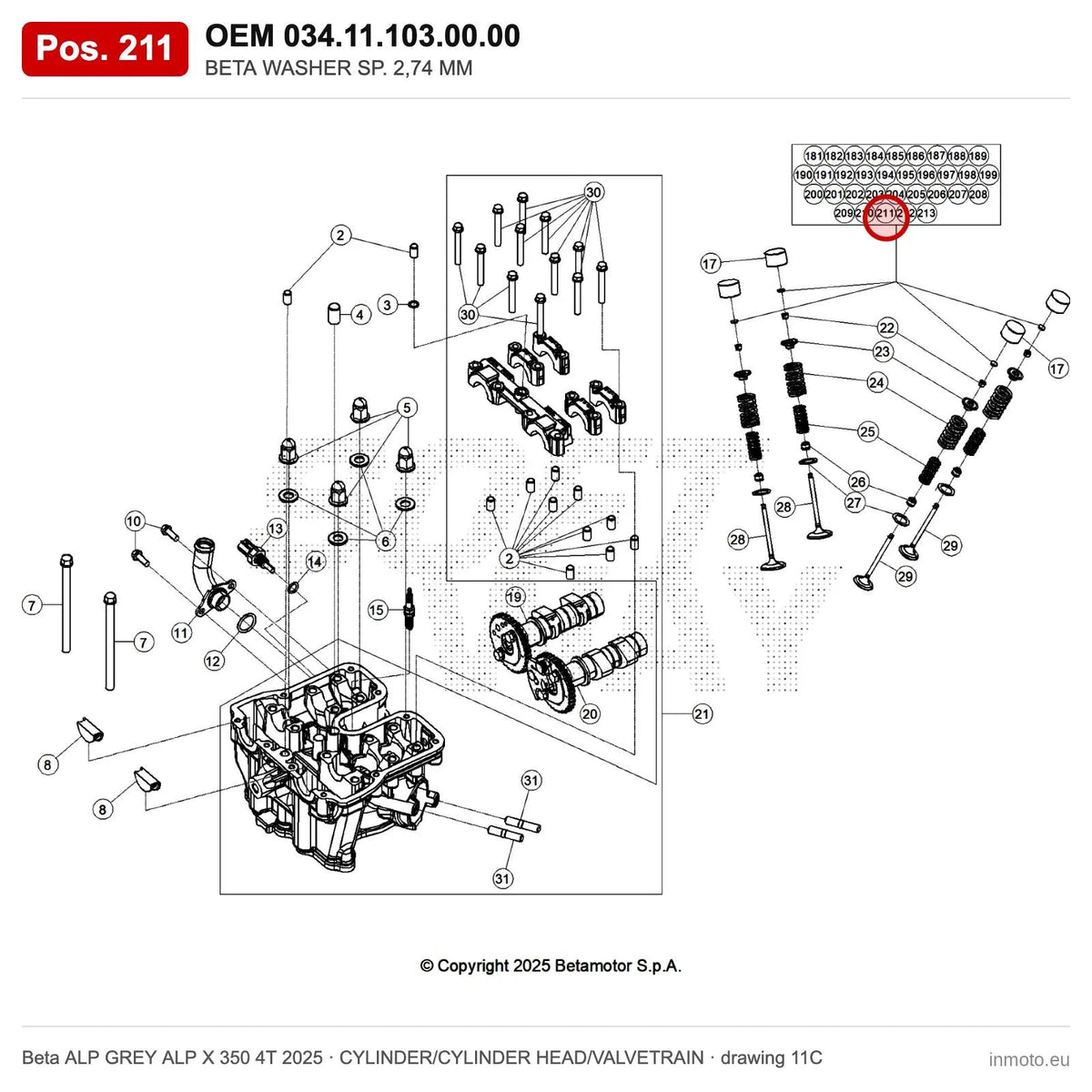 BETA WASHER SP. 2,74 MM – OEM 034.11.103.00.00, position 211 on the Beta ALP GREY ALP X 350 4T 2025 cylinder/cylinder head/valvetrain drawing