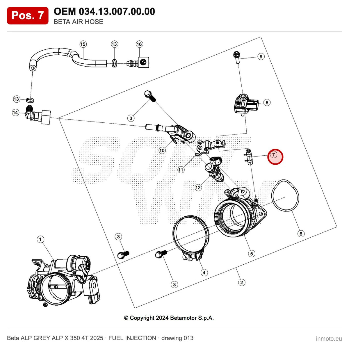 BETA AIR HOSE – OEM 034.13.007.00.00, position 7 on the Beta ALP GREY ALP X 350 4T 2025 fuel injection drawing