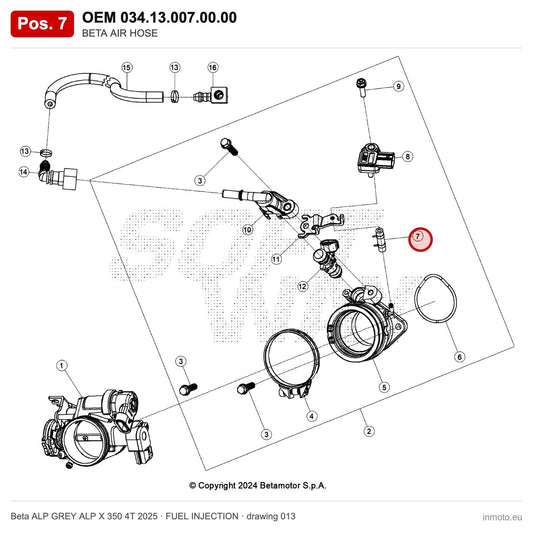 BETA AIR HOSE – OEM 034.13.007.00.00, position 7 on the Beta ALP GREY ALP X 350 4T 2025 fuel injection drawing