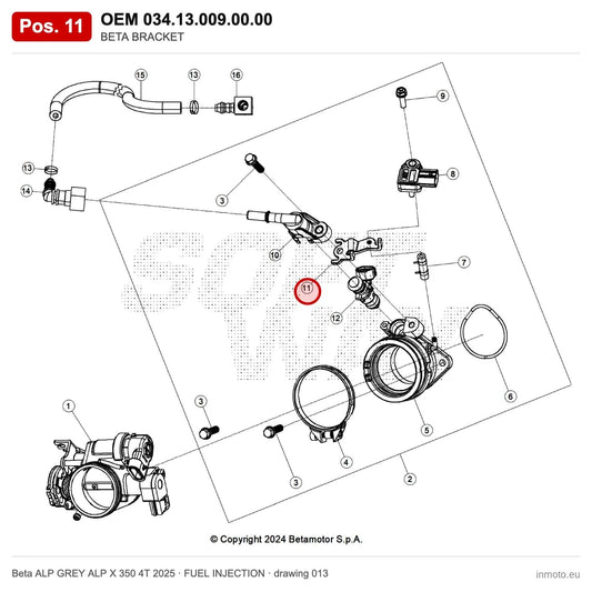 BETA BRACKET – OEM 034.13.009.00.00, position 11 on the Beta ALP GREY ALP X 350 4T 2025 fuel injection drawing