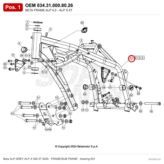 BETA FRAME ALP 4.0 - ALP X 4T – OEM 034.31.000.80.26, position 1 on the Beta ALP GREY ALP X 350 4T 2025 frame/sub frame drawing