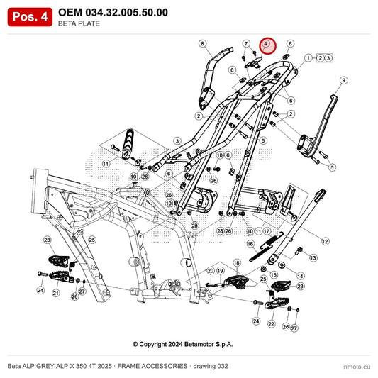 BETA PLATE – OEM 034.32.005.50.00, position 4 on the Beta ALP GREY ALP X 350 4T 2025 frame accessories drawing