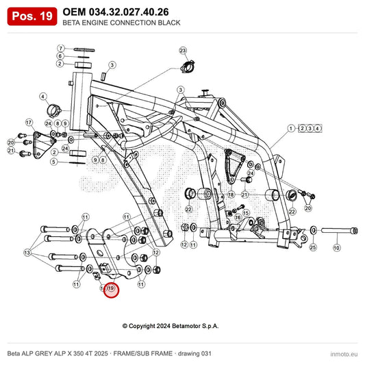 BETA ENGINE CONNECTION BLACK – OEM 034.32.027.40.26, position 19 on the Beta ALP GREY ALP X 350 4T 2025 frame/sub frame drawing