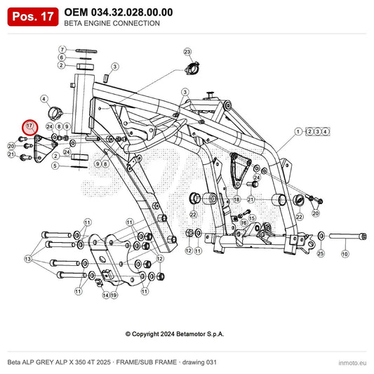 BETA ENGINE CONNECTION – OEM 034.32.028.00.00, position 17 on the Beta ALP GREY ALP X 350 4T 2025 frame/sub frame drawing