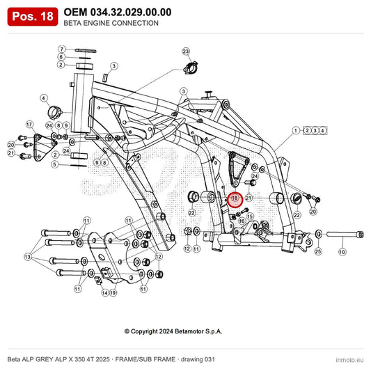 BETA ENGINE CONNECTION – OEM 034.32.029.00.00, position 18 on the Beta ALP GREY ALP X 350 4T 2025 frame/sub frame drawing