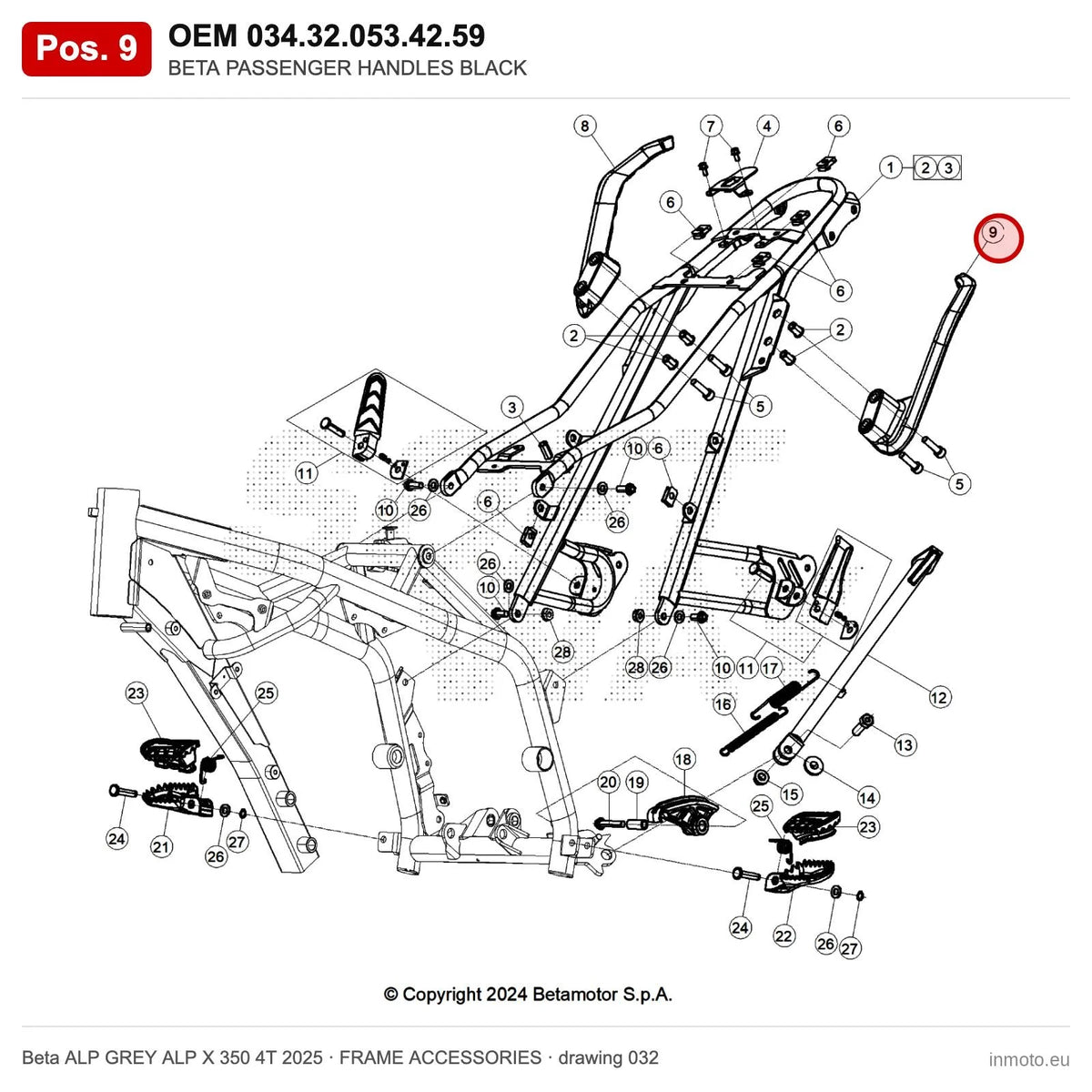 BETA PASSENGER HANDLES BLACK – OEM 034.32.053.42.59, position 9 on the Beta ALP GREY ALP X 350 4T 2025 frame accessories drawing