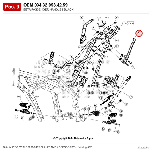 BETA PASSENGER HANDLES BLACK – OEM 034.32.053.42.59, position 9 on the Beta ALP GREY ALP X 350 4T 2025 frame accessories drawing