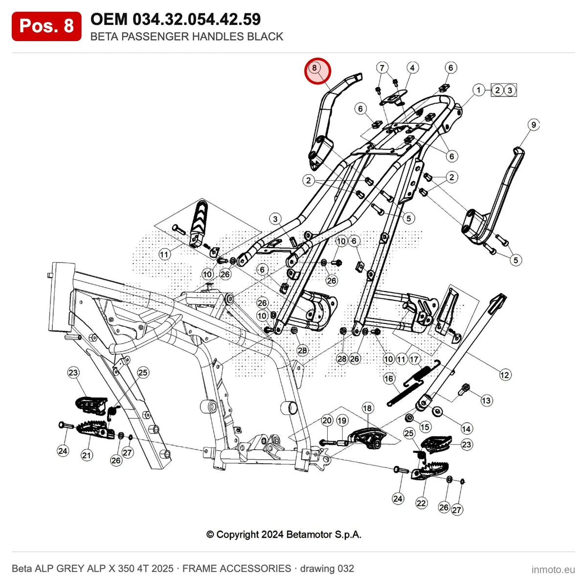 BETA PASSENGER HANDLES BLACK – OEM 034.32.054.42.59, position 8 on the Beta ALP GREY ALP X 350 4T 2025 frame accessories drawing