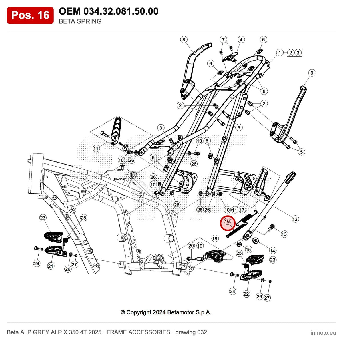 BETA SPRING – OEM 034.32.081.50.00, position 16 on the Beta ALP GREY ALP X 350 4T 2025 frame accessories drawing