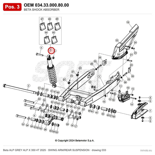 BETA SHOCK ABSORBER – OEM 034.33.000.80.00, position 3 on the Beta ALP GREY ALP X 350 4T 2025 swing arm/rear suspension drawing