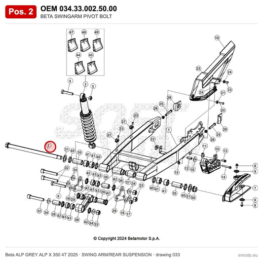 BETA SWINGARM PIVOT BOLT – OEM 034.33.002.50.00, position 2 on the Beta ALP GREY ALP X 350 4T 2025 swing arm/rear suspension drawing