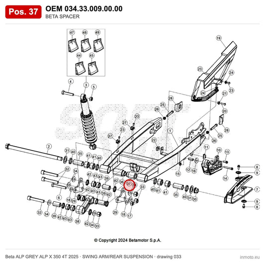 BETA SPACER – OEM 034.33.009.00.00, position 37 on the Beta ALP GREY ALP X 350 4T 2025 swing arm/rear suspension drawing