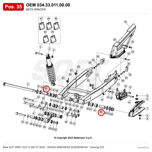 BETA SPACER – OEM 034.33.011.00.00, position 35 on the Beta ALP GREY ALP X 350 4T 2025 swing arm/rear suspension drawing