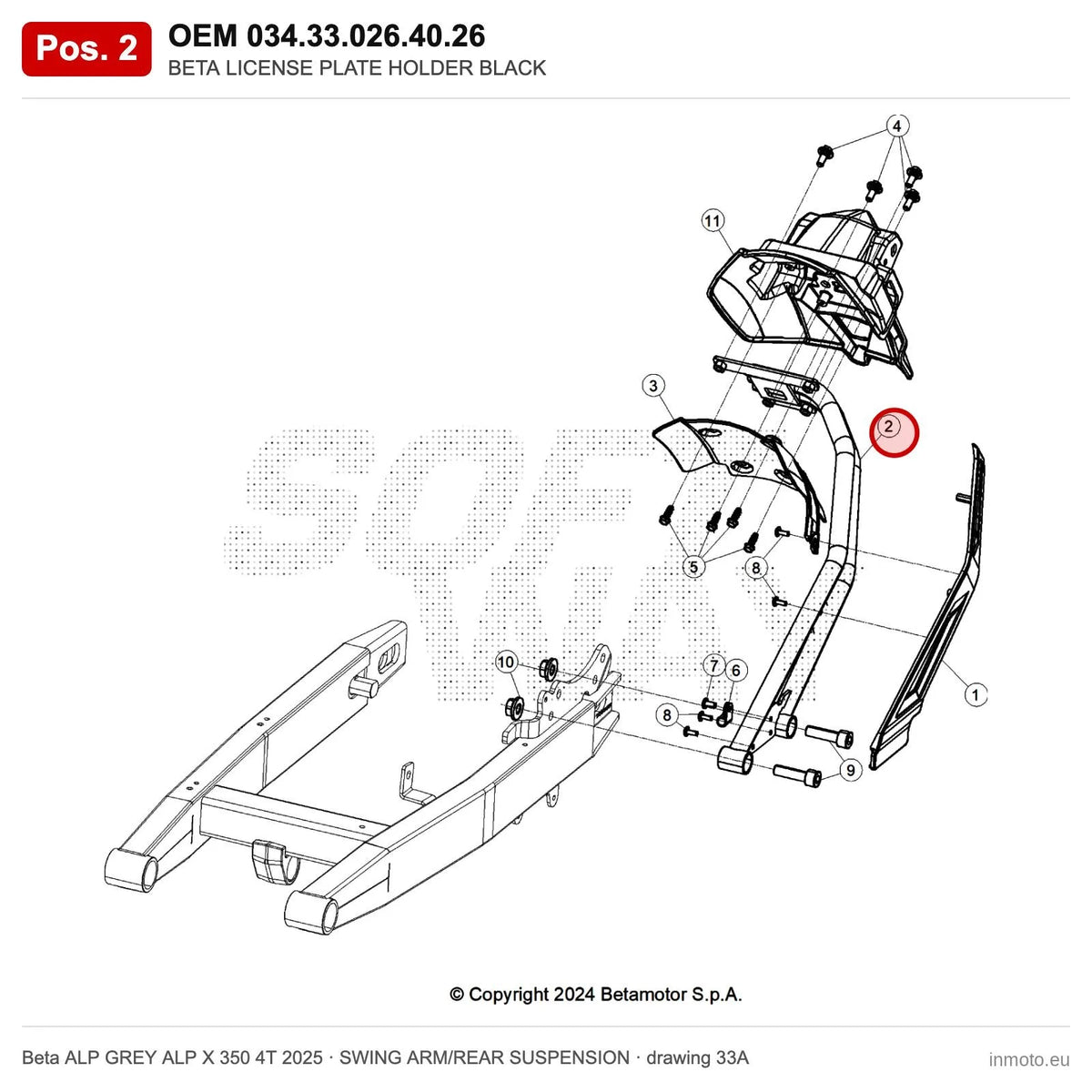 BETA LICENSE PLATE HOLDER BLACK – OEM 034.33.026.40.26, position 2 on the Beta ALP GREY ALP X 350 4T 2025 swing arm/rear suspension drawing