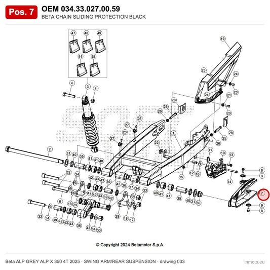 BETA CHAIN SLIDING PROTECTION BLACK – OEM 034.33.027.00.59, position 7 on the Beta ALP GREY ALP X 350 4T 2025 swing arm/rear suspension drawing