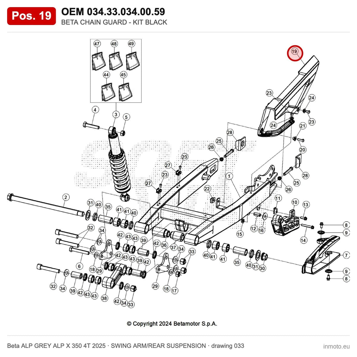 BETA CHAIN GUARD - KIT BLACK – OEM 034.33.034.00.59, position 19 on the Beta ALP GREY ALP X 350 4T 2025 swing arm/rear suspension drawing