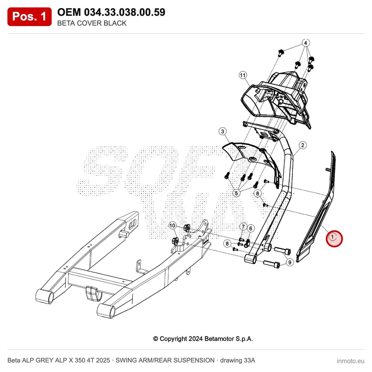 BETA COVER BLACK – OEM 034.33.038.00.59, position 1 on the Beta ALP GREY ALP X 350 4T 2025 swing arm/rear suspension drawing