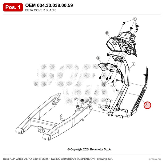 BETA COVER BLACK – OEM 034.33.038.00.59, position 1 on the Beta ALP GREY ALP X 350 4T 2025 swing arm/rear suspension drawing