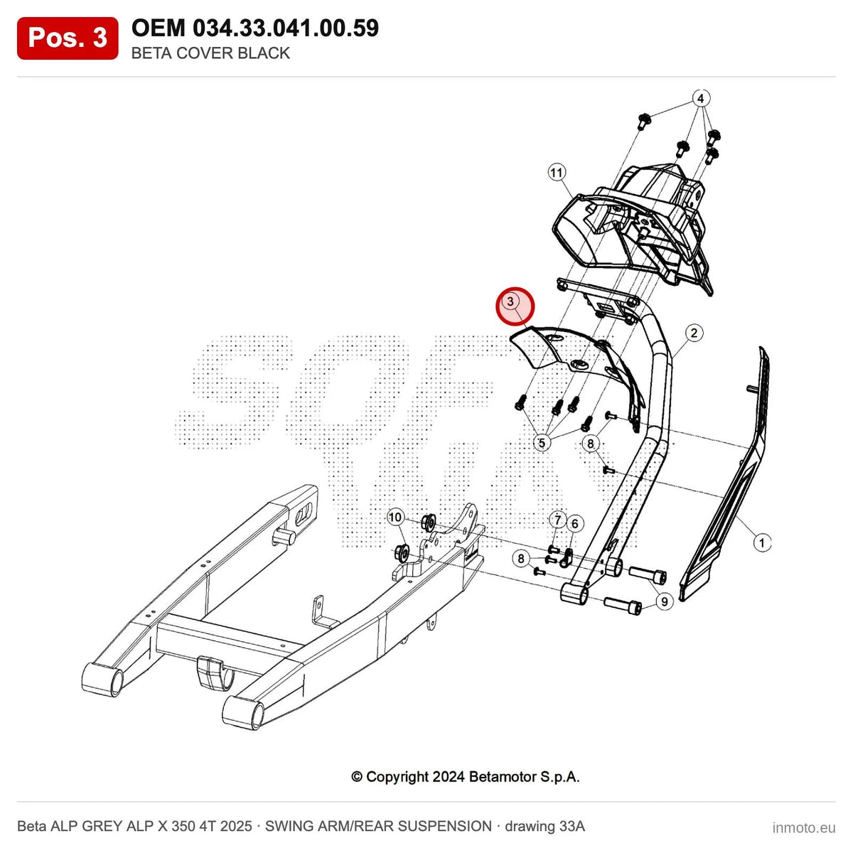 BETA COVER BLACK – OEM 034.33.041.00.59, position 3 on the Beta ALP GREY ALP X 350 4T 2025 swing arm/rear suspension drawing