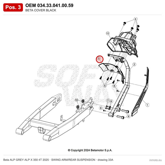 BETA COVER BLACK – OEM 034.33.041.00.59, position 3 on the Beta ALP GREY ALP X 350 4T 2025 swing arm/rear suspension drawing