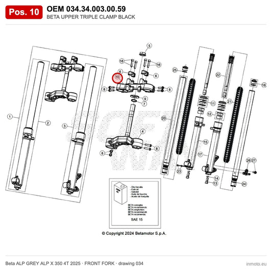 BETA UPPER TRIPLE CLAMP BLACK – OEM 034.34.003.00.59, position 10 on the Beta ALP GREY ALP X 350 4T 2025 front fork drawing