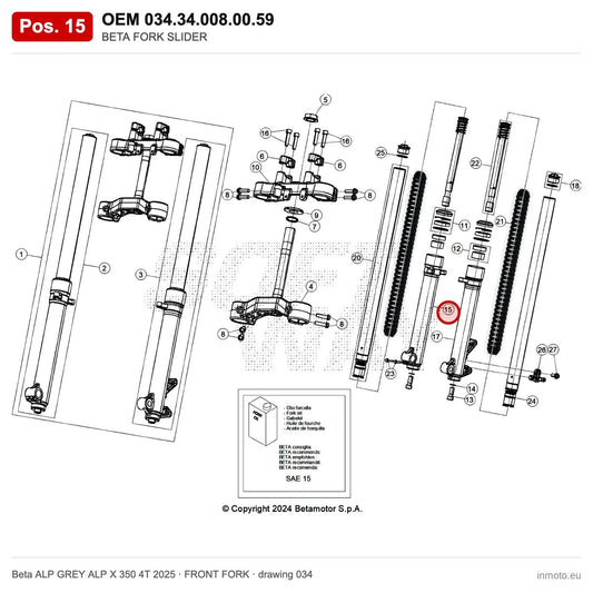 BETA FORK SLIDER – OEM 034.34.008.00.59, position 15 on the Beta ALP GREY ALP X 350 4T 2025 front fork drawing