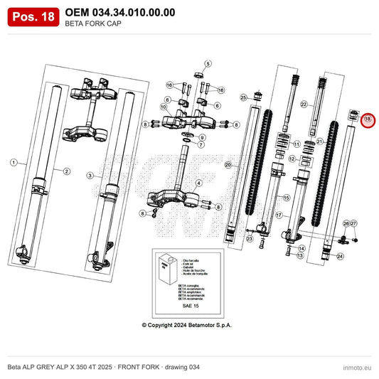 BETA FORK CAP – OEM 034.34.010.00.00, position 18 on the Beta ALP GREY ALP X 350 4T 2025 front fork drawing
