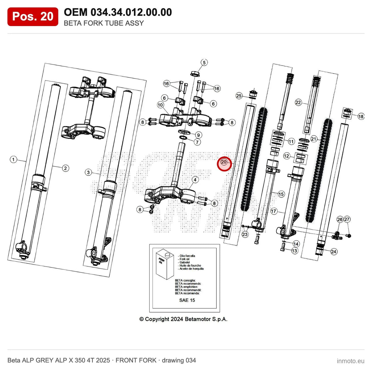 BETA FORK TUBE ASSY – OEM 034.34.012.00.00, position 20 on the Beta ALP GREY ALP X 350 4T 2025 front fork drawing