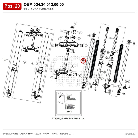 BETA FORK TUBE ASSY – OEM 034.34.012.00.00, position 20 on the Beta ALP GREY ALP X 350 4T 2025 front fork drawing