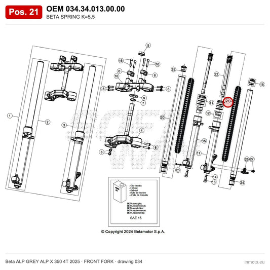 BETA SPRING K=5,5 – OEM 034.34.013.00.00, position 21 on the Beta ALP GREY ALP X 350 4T 2025 front fork drawing