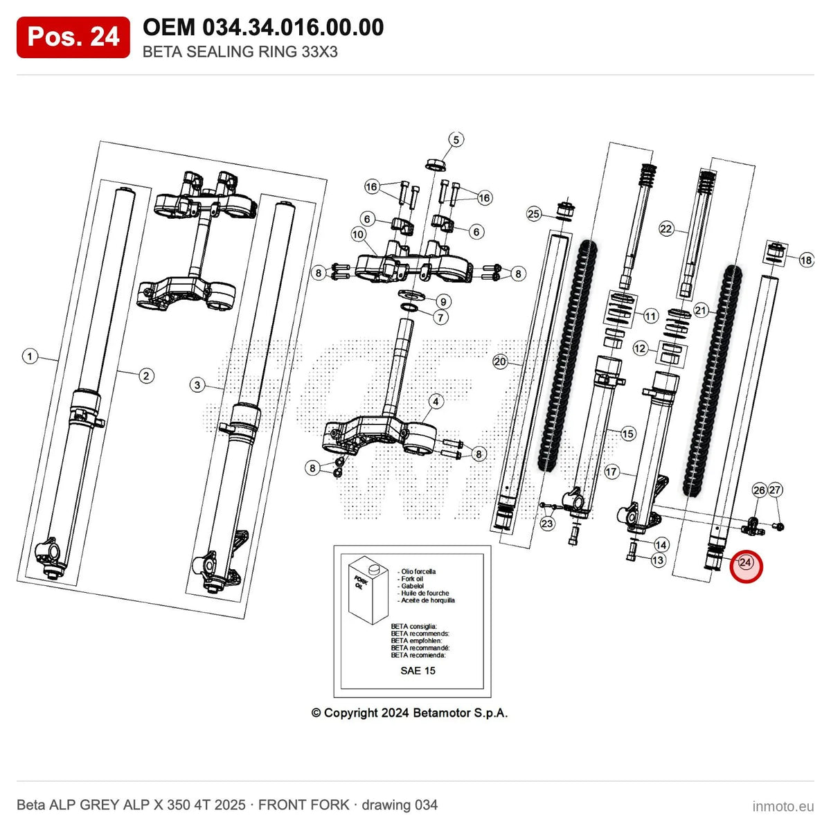 BETA SEALING RING 33X3 – OEM 034.34.016.00.00, position 24 on the Beta ALP GREY ALP X 350 4T 2025 front fork drawing