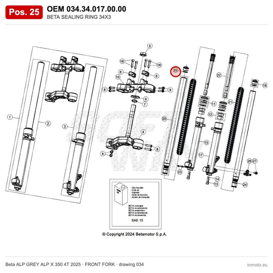 BETA SEALING RING 34X3 – OEM 034.34.017.00.00, position 25 on the Beta ALP GREY ALP X 350 4T 2025 front fork drawing