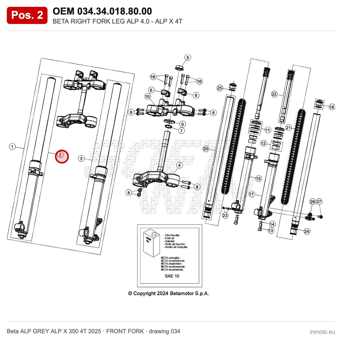 BETA RIGHT FORK LEG ALP 4.0 - ALP X 4T – OEM 034.34.018.80.00, position 2 on the Beta ALP GREY ALP X 350 4T 2025 front fork drawing