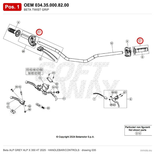 BETA THROTTLE CONTROL WITH GRIPS – OEM 034.35.000.82.00, position 1 on the Beta ALP GREY ALP X 350 4T 2025 handlebar/controls drawing