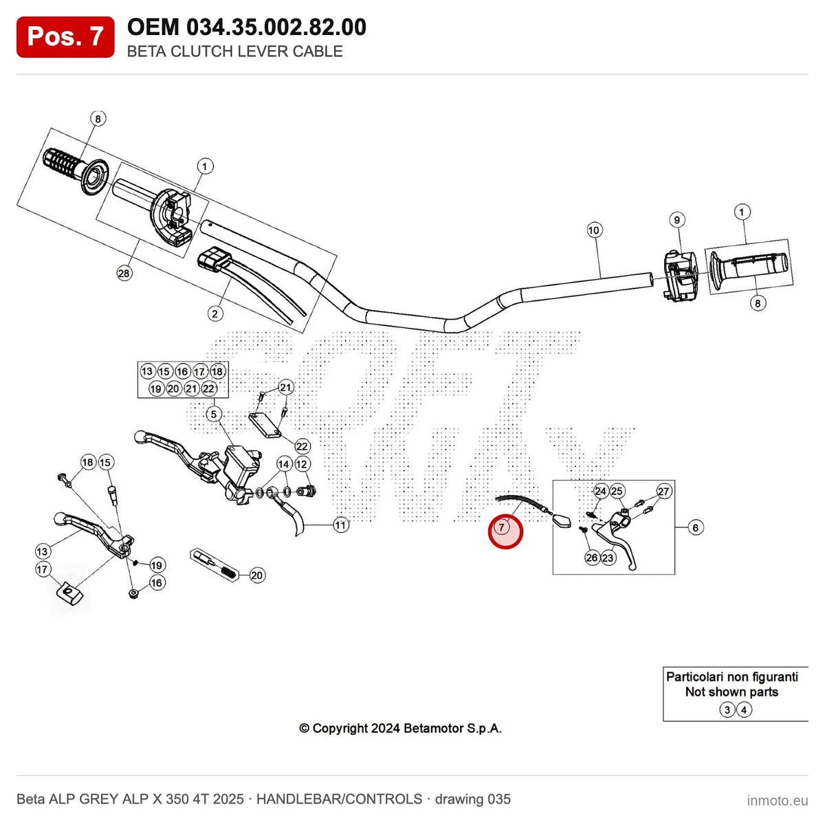 BETA CLUTCH LEVER CABLE – OEM 034.35.002.82.00, position 7 on the Beta ALP GREY ALP X 350 4T 2025 handlebar/controls drawing